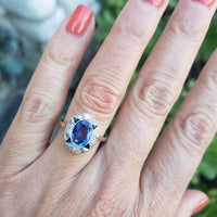 platinum & 18k gold two tone Deco estate blue sapphire & diamond ring