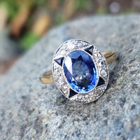 platinum & 18k gold two tone Deco estate blue sapphire & diamond ring