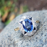 platinum & 18k gold two tone Deco estate blue sapphire & diamond ring