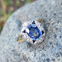 platinum & 18k gold two tone Deco estate blue sapphire & diamond ring