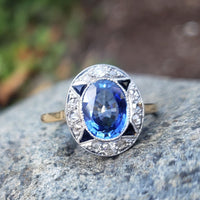 platinum & 18k gold two tone Deco estate blue sapphire & diamond ring