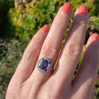 platinum & 18k gold two tone Deco estate blue sapphire & diamond ring