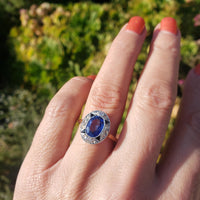 platinum & 18k gold two tone Deco estate blue sapphire & diamond ring
