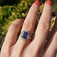 platinum & 18k gold two tone Deco estate blue sapphire & diamond ring