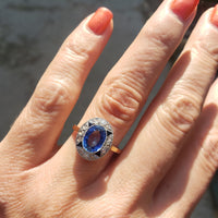 platinum & 18k gold two tone Deco estate blue sapphire & diamond ring