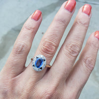 platinum & 18k gold two tone Deco estate blue sapphire & diamond ring