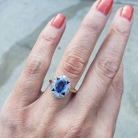 platinum & 18k gold two tone Deco estate blue sapphire & diamond ring