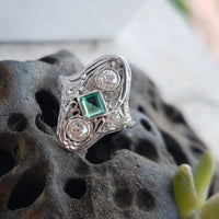 Platinum Emerald & Diamond estate filigree glove shield ring