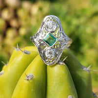 Platinum Emerald & Diamond estate filigree glove shield ring