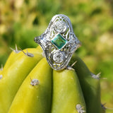 Platinum Emerald & Diamond estate filigree glove shield ring