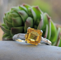 Platinum yellow sapphire & baguette diamond estate ring