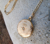 14k gold vintage starburst diamond locket pendant necklace