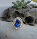 18k gold Edwardian halo blue sapphire & mine cut diamond halo antique ring