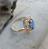 18k gold Edwardian halo blue sapphire & mine cut diamond halo antique ring