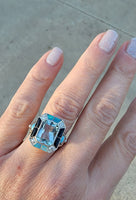 14k white gold filigree ART DECO aquamarine, opal, turquoise, onyx & diamond ring!!!