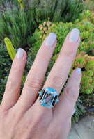 14k white gold filigree ART DECO aquamarine, opal, turquoise, onyx & diamond ring!!!