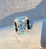 14k white gold filigree ART DECO aquamarine, opal, turquoise, onyx & diamond ring!!!