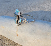 14k white gold filigree ART DECO aquamarine, opal, turquoise, onyx & diamond ring!!!