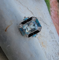 14k white gold filigree ART DECO aquamarine, opal, turquoise, onyx & diamond ring!!!