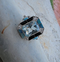 14k white gold filigree ART DECO aquamarine, opal, turquoise, onyx & diamond ring!!!