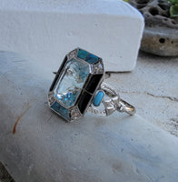 14k white gold filigree ART DECO aquamarine, opal, turquoise, onyx & diamond ring!!!