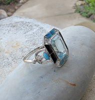 14k white gold filigree ART DECO aquamarine, opal, turquoise, onyx & diamond ring!!!