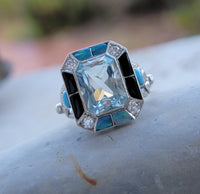 14k white gold filigree ART DECO aquamarine, opal, turquoise, onyx & diamond ring!!!
