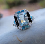 14k white gold filigree ART DECO aquamarine, opal, turquoise, onyx & diamond ring!!!