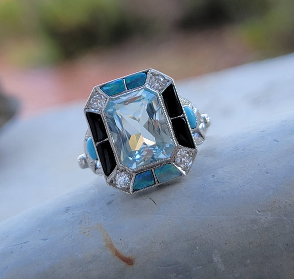 14k white gold filigree ART DECO aquamarine, opal, turquoise, onyx & diamond ring!!!
