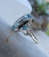 14k white gold filigree ART DECO aquamarine, opal, turquoise, onyx & diamond ring!!!