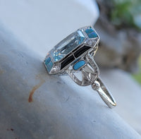 14k white gold filigree ART DECO aquamarine, opal, turquoise, onyx & diamond ring!!!
