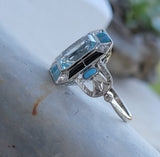 14k white gold filigree ART DECO aquamarine, opal, turquoise, onyx & diamond ring!!!