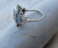 14k white gold filigree ART DECO aquamarine, opal, turquoise, onyx & diamond ring!!!