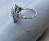 14k white gold filigree ART DECO aquamarine, opal, turquoise, onyx & diamond ring!!!