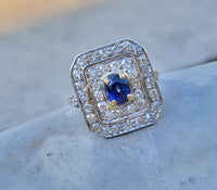 platinum & 14k gold diamond & blue sapphire estate Art Deco ring