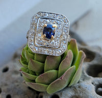 platinum & 14k gold diamond & blue sapphire estate Art Deco ring