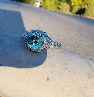 18k white gold Art Deco c.1920's natural blue zircon estate filigree ring