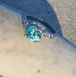 18k white gold Art Deco c.1920's natural blue zircon estate filigree ring