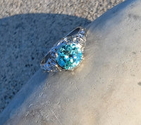 18k white gold Art Deco c.1920's natural blue zircon estate filigree ring