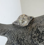 18k white gold vintage Art Deco Diamond & Sapphire filigree Ring