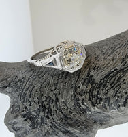 18k white gold vintage Art Deco Diamond & Sapphire filigree Ring