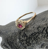 10k gold Edwardian ruby halo & rose cut diamond ring