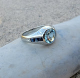 14k white gold c.1920's 1930's aquamarine & sapphire mens ring