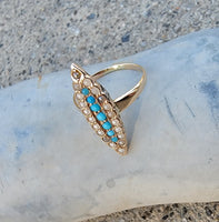 10k gold Victorian turquoise & pearl estate navette ring