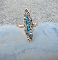 10k gold Victorian turquoise & pearl estate navette ring