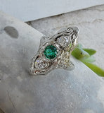 18k white gold Art Deco c.1920's Emerald & Diamond estate filigree glove shield Ring