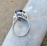 platinum blue / green sapphire & emerald cut diamond estate ring