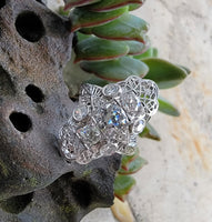 18k white gold filigree c.1920's diamond glove shield navette ring