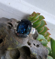 platinum blue / green sapphire & emerald cut diamond estate ring