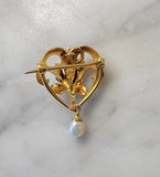 14k gold Nouveau floral flower pearl necklace pendant lavaliere pin